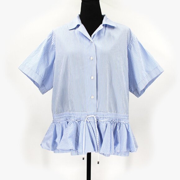TOME NYC Tops - TOME NYC Blue White Pinstripe Drawstring Ruffle Hem Short Sleeve Top 12 Shirt